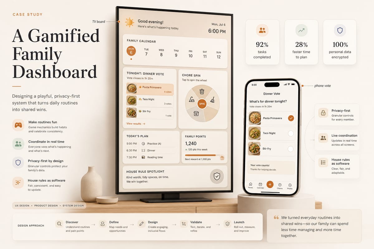 Concept art of the family dashboard: a vertical TV board showing the week, tonight's dinner vote, a chore spin wheel, today's plan, and family points, next to a phone displaying the dinner vote.